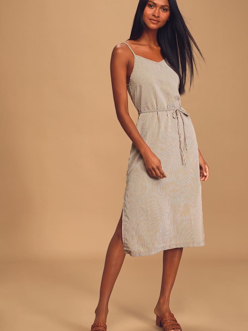 Rhythm Beige and White Striped Sleeveless Tie-Waist Midi Slip Dress